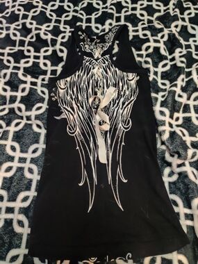 SoCsl Black Tank Top with White Wing Graphic and Lace-Up Back